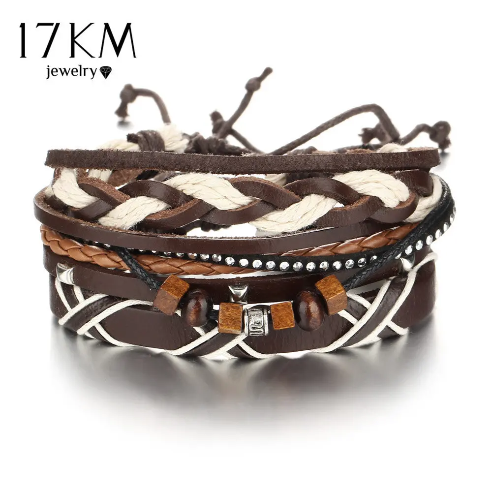 17Km Vintage Multiple Layers Punk Wood Beads Bracelets & Bangle For Women New Boho Rivet Bracelet Men Female Jewelry 1