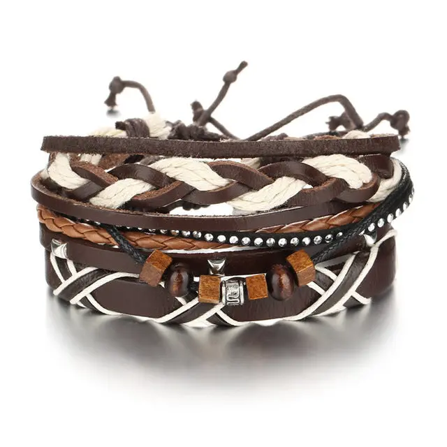 17Km Vintage Multiple Layers Punk Wood Beads Bracelets & Bangle For Women New Boho Rivet Bracelet Men Female Jewelry 2