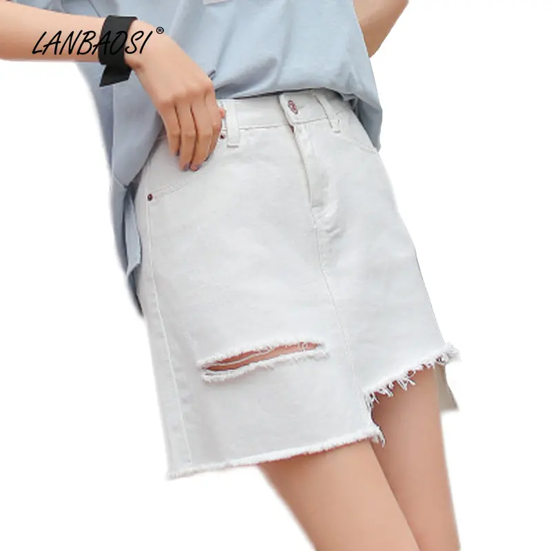 Lanbaosi White Ripped Jeans Miniskirts For Women High Waist Frayed Hem Denim Mini Skirts Cowgirl Female Jean Skirt 1