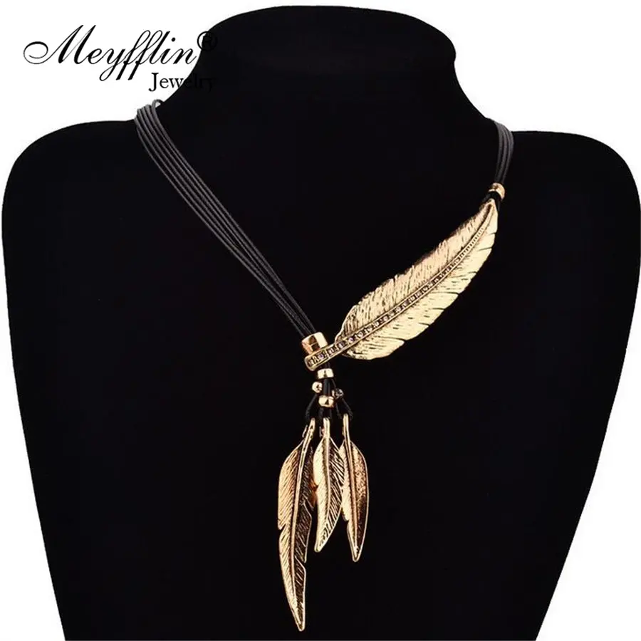 Collier Femme Feather Necklaces & Pendants Rope Leather Vintage Maxi Colar For Statement Necklace Women Fashion Jewelry Bijoux 1