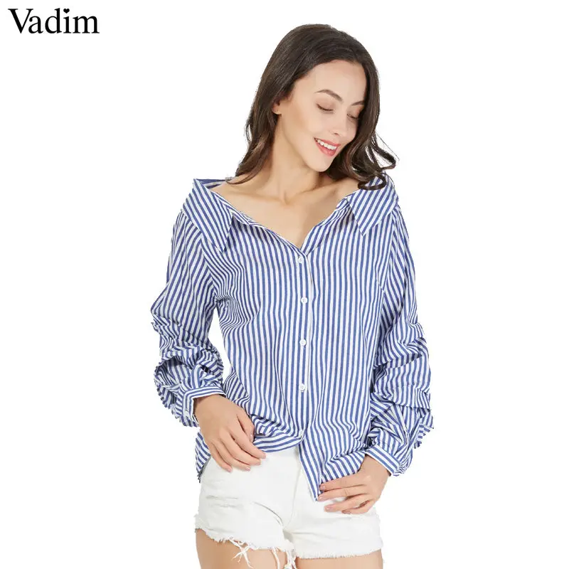 Vadim Gathered Sleeve Striped Cotton Blouse Low Cut Chic Shirts Turn Down Collar Elegant Female Casual Brand Tops Blusas 1