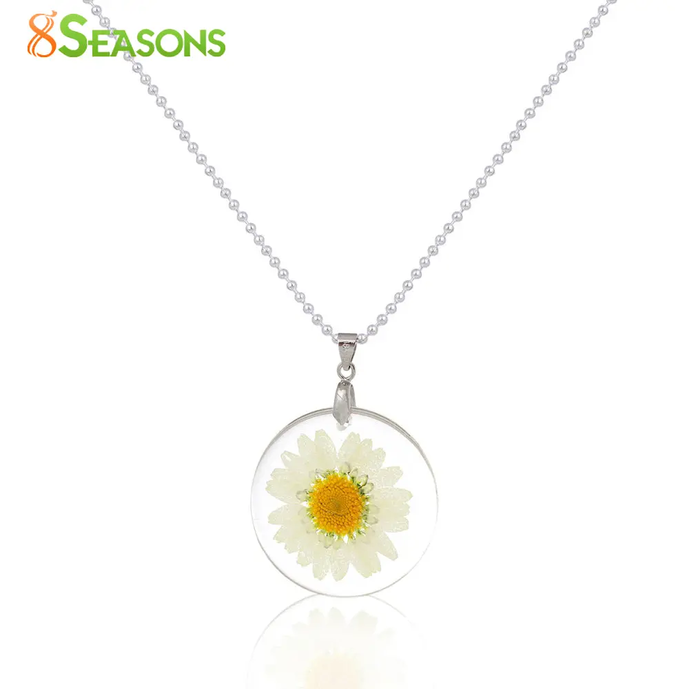 8Seasons Handmade Boho Transparent Resin Dried Flower Daisy Necklace Ball Chain Silver Color White Round 45Cm Long, 1 Piece 1