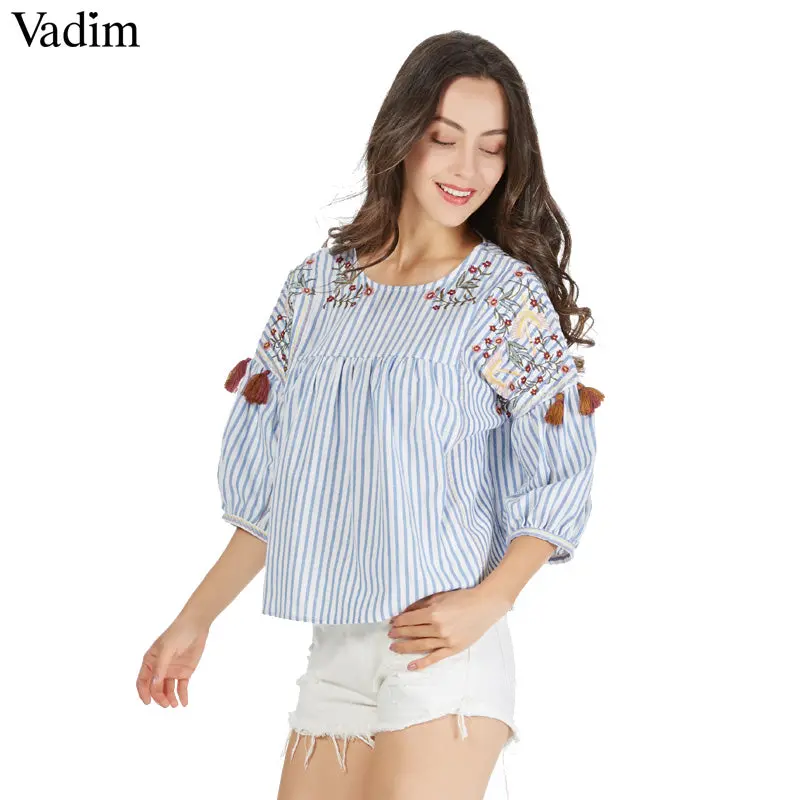 Vadim Cute Birds Embroidery Striped Pleated Shirts Tassles Half Sleeve Chic O Neck Blouse Fashion Casual Loose Tops Blusas 1