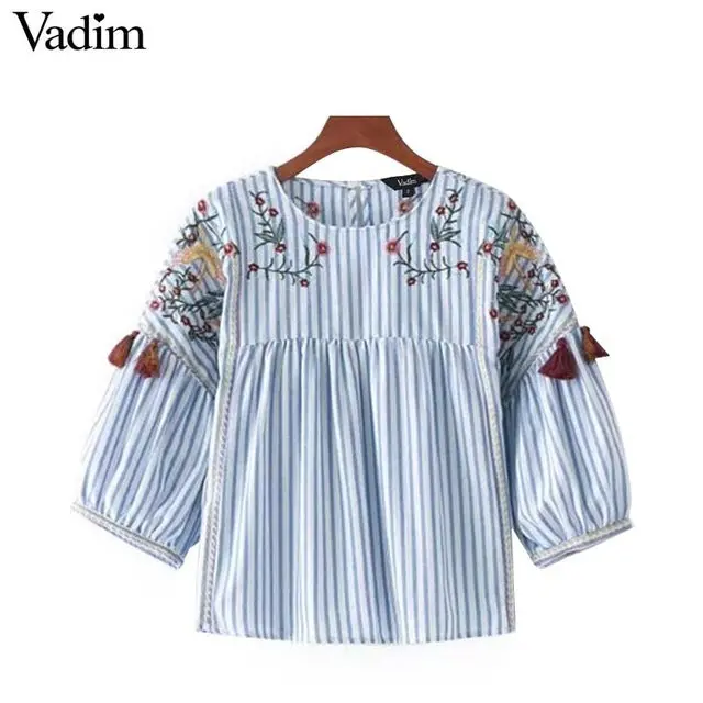 Vadim Cute Birds Embroidery Striped Pleated Shirts Tassles Half Sleeve Chic O Neck Blouse Fashion Casual Loose Tops Blusas 2