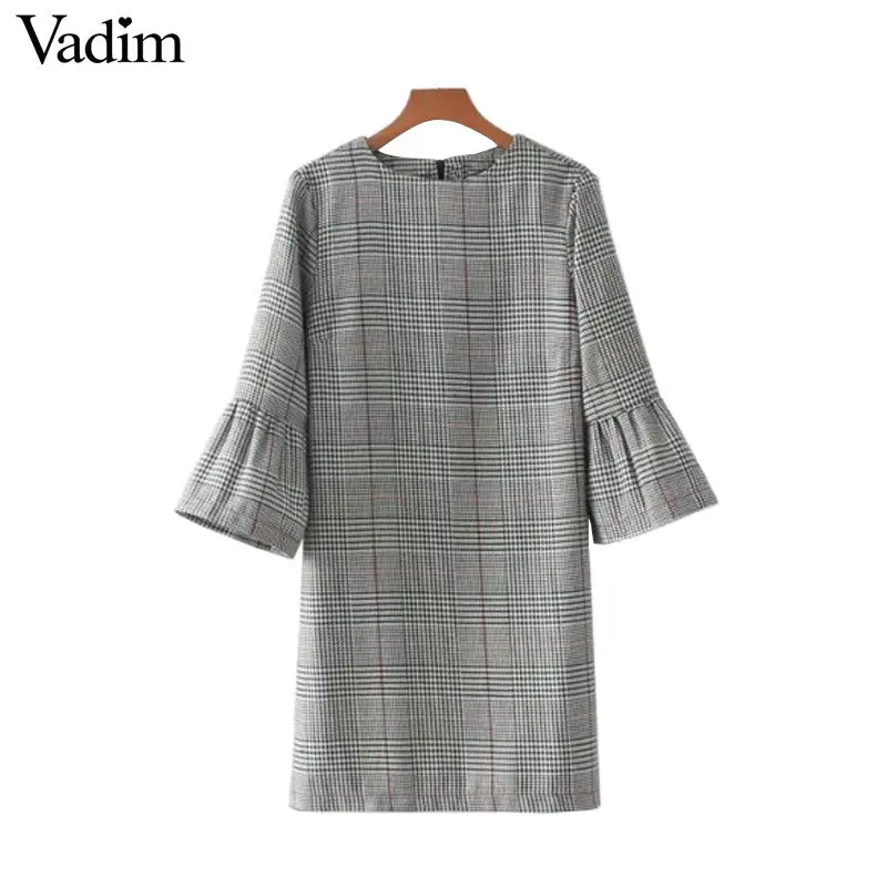 Vadim Women Vintage Flare Sleeve Houndstooth Dress Basic Plaid Bell Sleeve Brand Autumn Mini Dresses Vestidos Mujer Qz3247 1