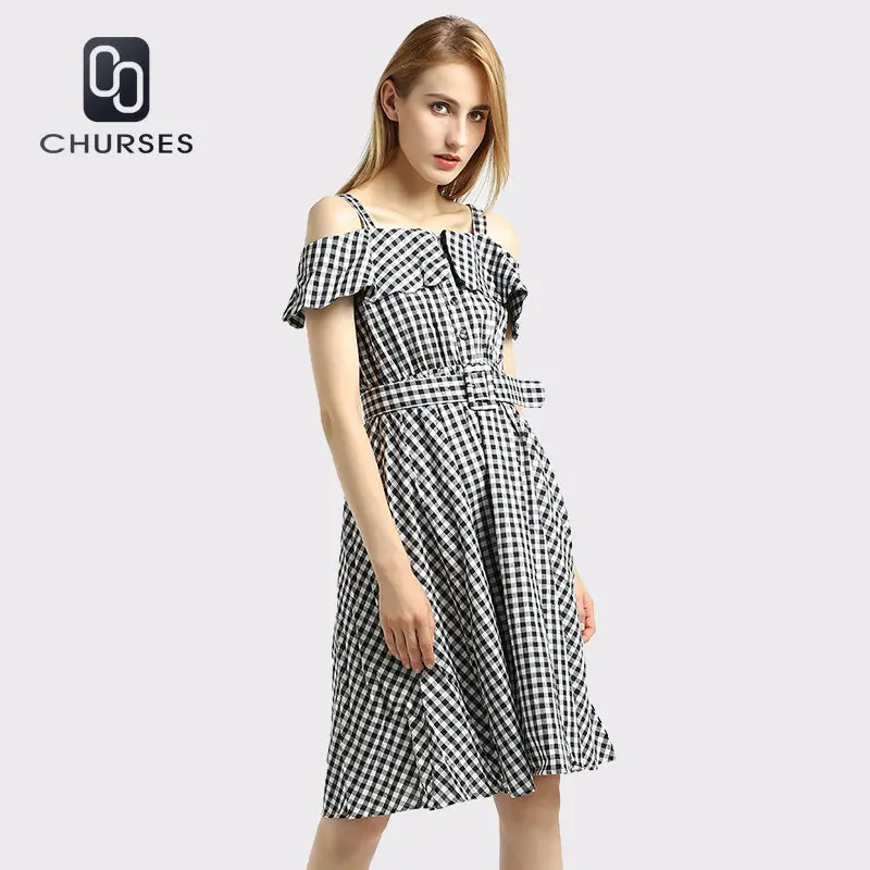 Churses 2017 Vintage Plaid Summer Dress Women Party Dresses Ruffle Off Shoulder Loose Dress Black Casual Vestidos De Festa 1