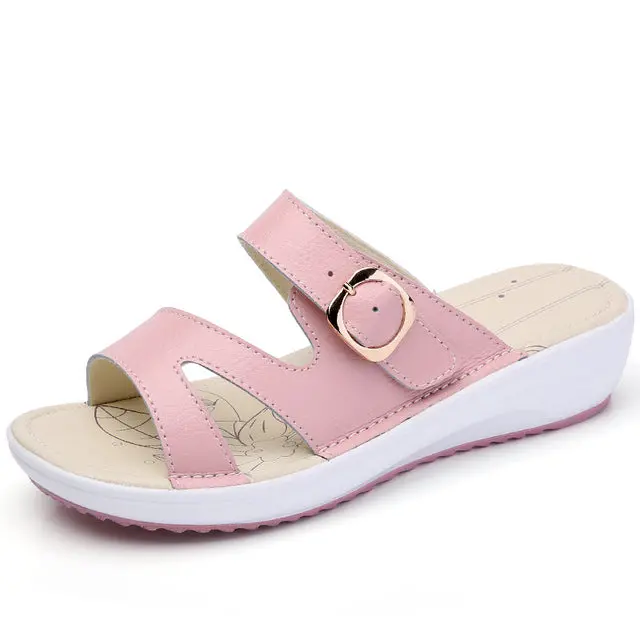 Women's Leather Flat Sandals – Open-Toe Platform Gladiator Wedges for Summer