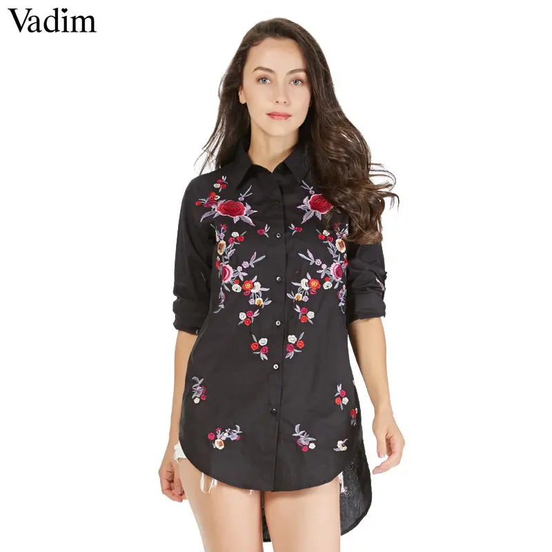 Vadim Vintage Floral Embroidery Black Long Blouse Long Sleeve Turn Down Collar Chic Shirts Retro Ladies Casual Loose Tops 1