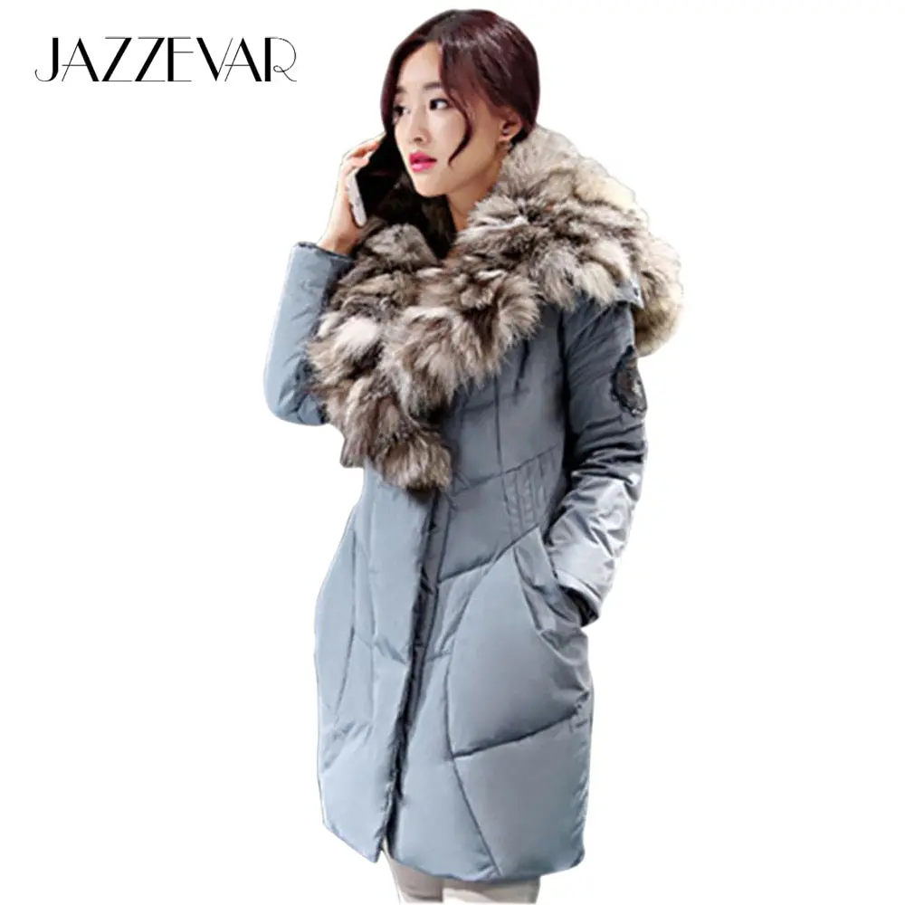 Jazzevar 2017 New Fashion Women's Winter Warm Down Coat Parkas 80% White Duck With Luxurious Large Real Fox Fur Down Jackets 1