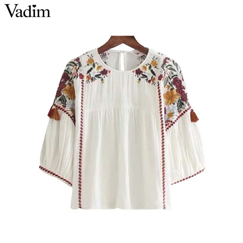 Vadim Vintage Floral Embroidery Tassles Loose Shirts Oversized Half Sleeve O Neck Chic Casual Blouse Fashion Tops Blusas 1