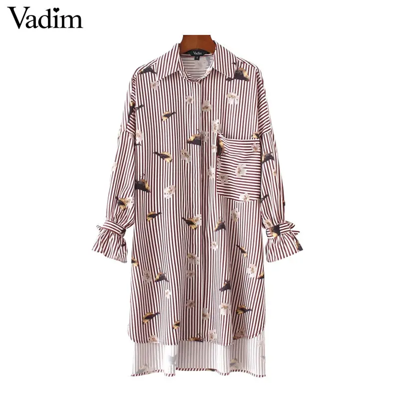 Vadim Birds Floral Pattern Striped Oversized Long Shirts Loose Bot Tie Sleeve Pocket Side Split Casual Chic Blouse Tops Lt2222 1