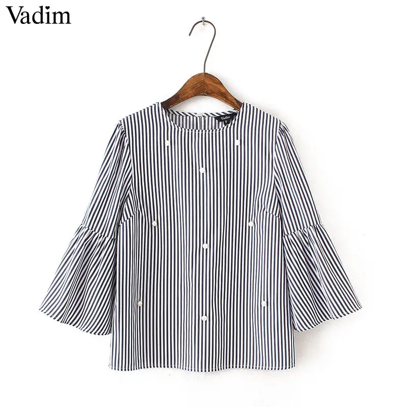 Vadim Stylish Pearls Beading Striped Shirts Flare Sleeve Cute Chic Three Quarter Sleeve Blouse Ladies Fashion Casual Tops Blusas 1