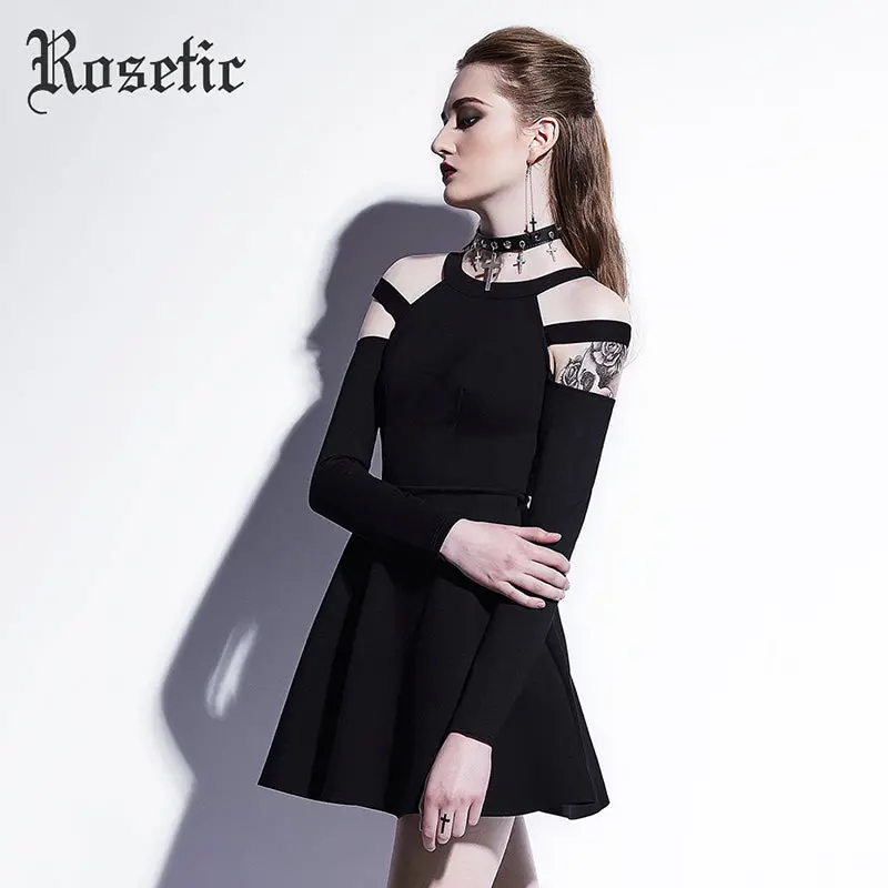 Rosetic Gothic Mini Dress Black Fashion Hollow Autumn Women Casual Dress Dark Street Wild Sexy Preppy A-Line Goth Mini Dresses 1