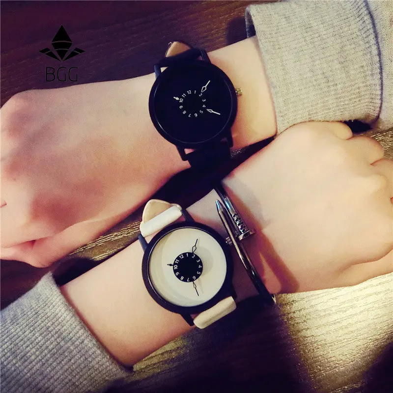 Hot Fashion Creative Watches Women Men Quartz-Watch 2017 Bgg Brand Unique Dial Design Lovers' Watch Leather Wristwatches Clock 1