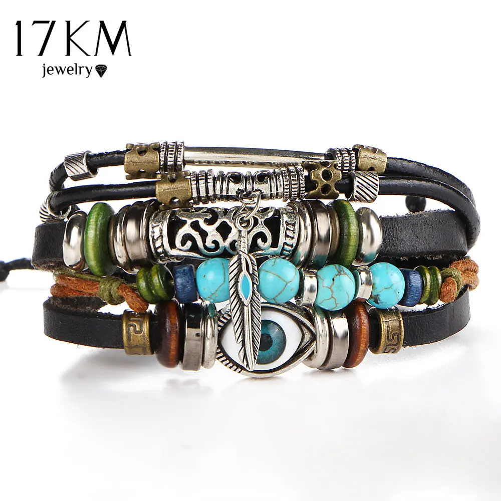 17Km Punk Design Turkish Eye Bracelets For Men Woman New Fashion Wristband Female Owl Leather Bracelet Stone Vintage Jewelry 1