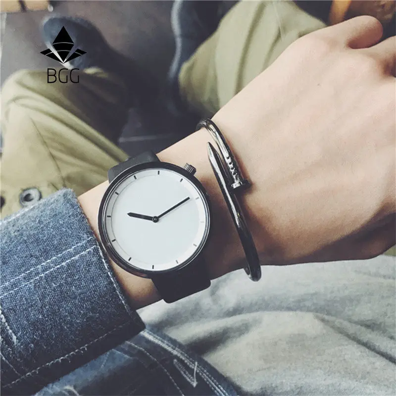 2017 New Fashion Minimalist Men's Wristwatches Bgg Korean Version Simple Casual Quartz Leather Watch Men Clock Waterproof 1