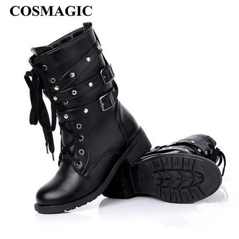 Cosmagic 2017 New Women Buckle Winter Motorcycle Martin Boots British Style Gothic Punk Low Heel Black Boot Shoe Plus Size 1