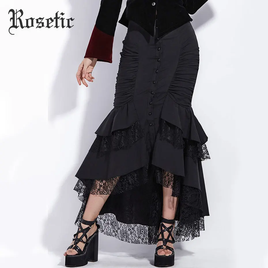 Rosetic Gothic Mermaid Skirt Women Autumn Black Lace Goth Trumpet Bottoms Fishtail Fashion Bodycon Vintage Gothic Mermaid Skirts 1