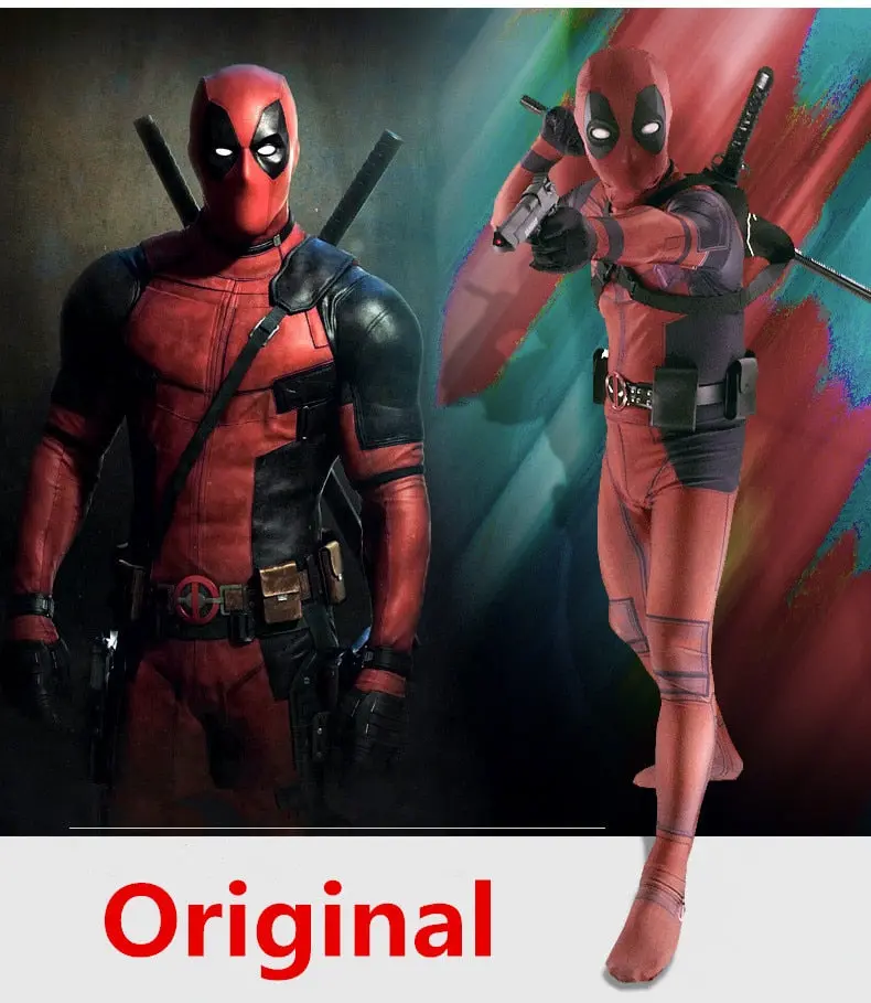 Deadpool Costume Adult Man Spandex Lycra Zentai Bodysuit Halloween Cosplay Suit Belt Headwear Mask Sword Holster 1