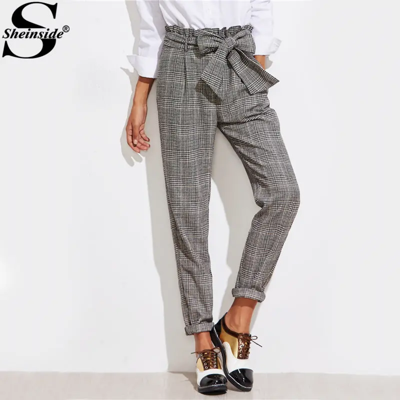 Sheinside Frill Belted Bow Waist Plaid Pants 2017 Mid Waist Long Straight Trouser With Zipper Fly Women Elegant Work Pants 1