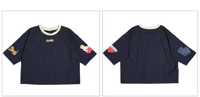 Preppy Style Casual Loose Striped Blouse For Women Cartoon Printed Embroidery O Neck Summer New Female Shirt Tops Patch Design 2