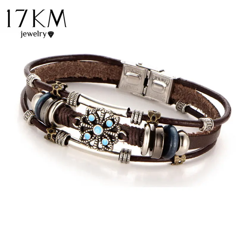 17Km 2 Style Vintage Flower Bracelets & Bangle Boho Multiple Layers Leather Bracelet Handmade Female Punk Jewelry For Women Man 1