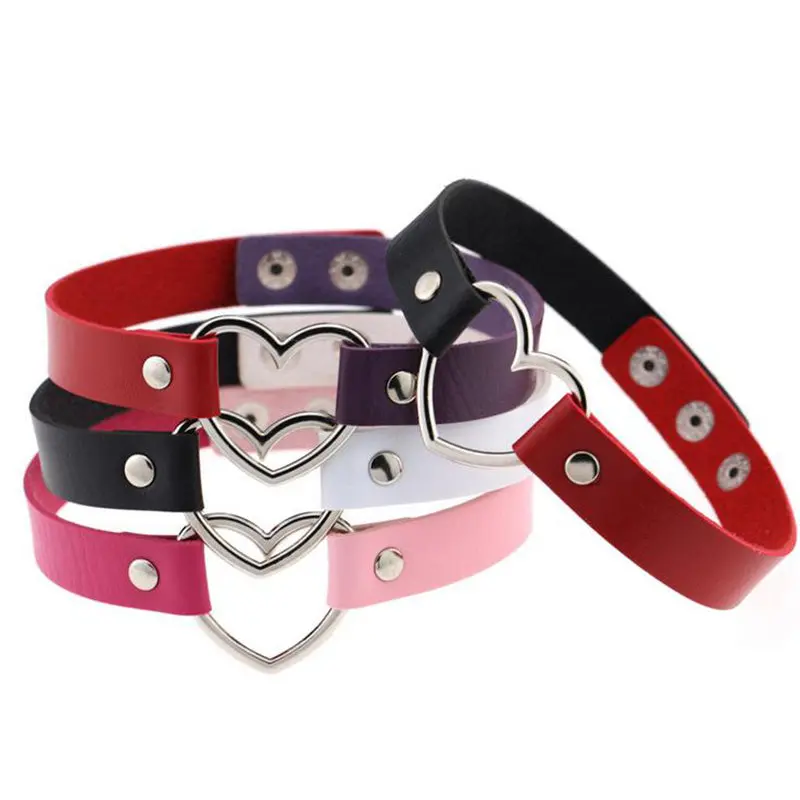 Gothic Punk Style Multi Color Alloy Heart Pendant Pu Leather Choker Necklace Collar 90S Grunge Heart Choker 1