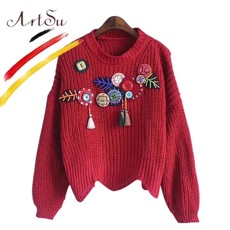 Artsu 2017 Boho Vintage Knitted Sweater Pullover For Women Autumn Appliques Round Neck Long Sleeve Jumper Pull Femme Assw20135 1