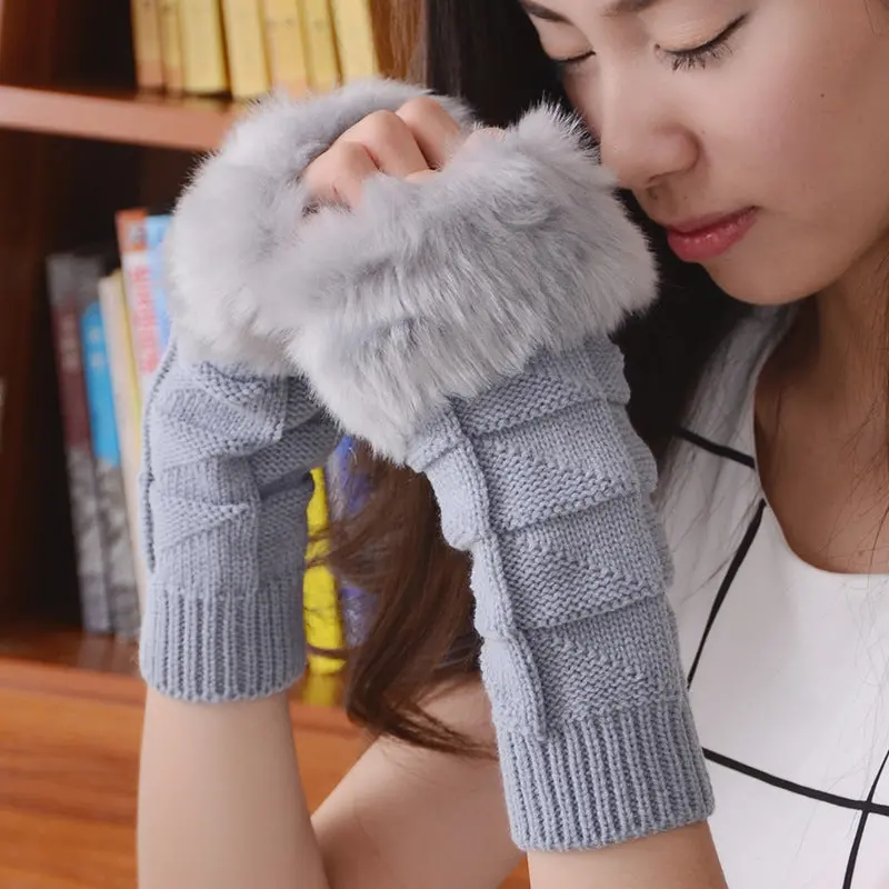 Knitted Woolen Gloves Artificial Fur Long 1