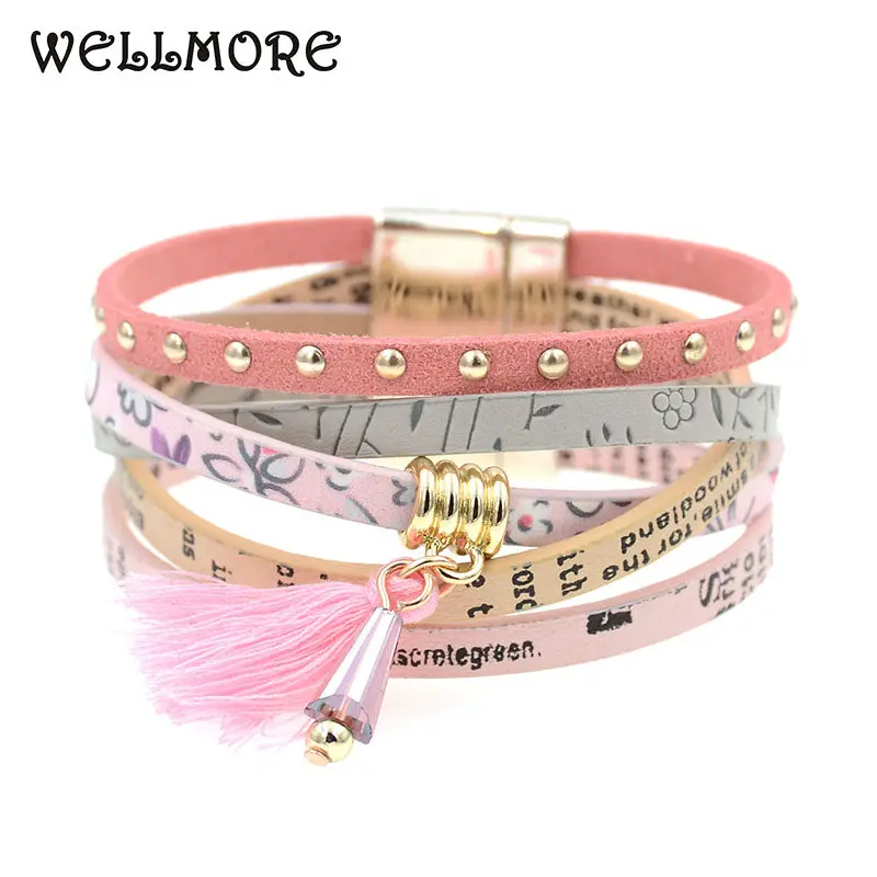 Pink Leather Bracelet Women Charm Bracelets 2016 Boho Style Bohemian Bracelets&Bangles Gift Bracelets For Women Manchette 1