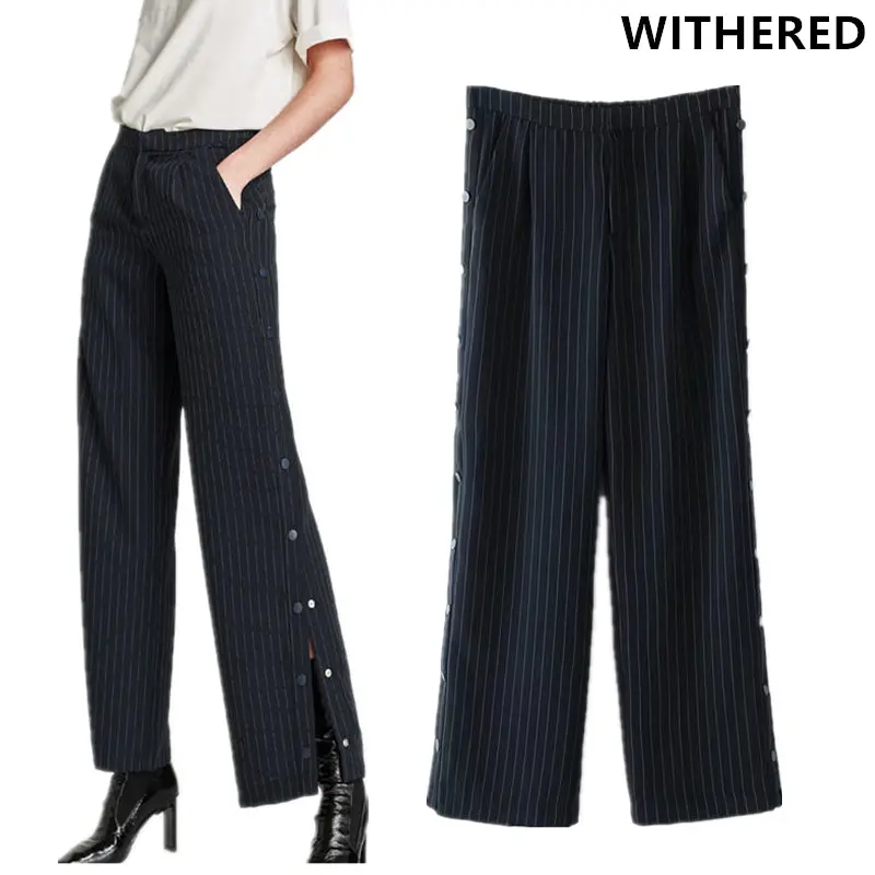 Withered 2017 Harem Pants Women Pants Vintage Preppy Side Striped Botton High Waist Striped Urban Pants Wide Leg Pants Women 1