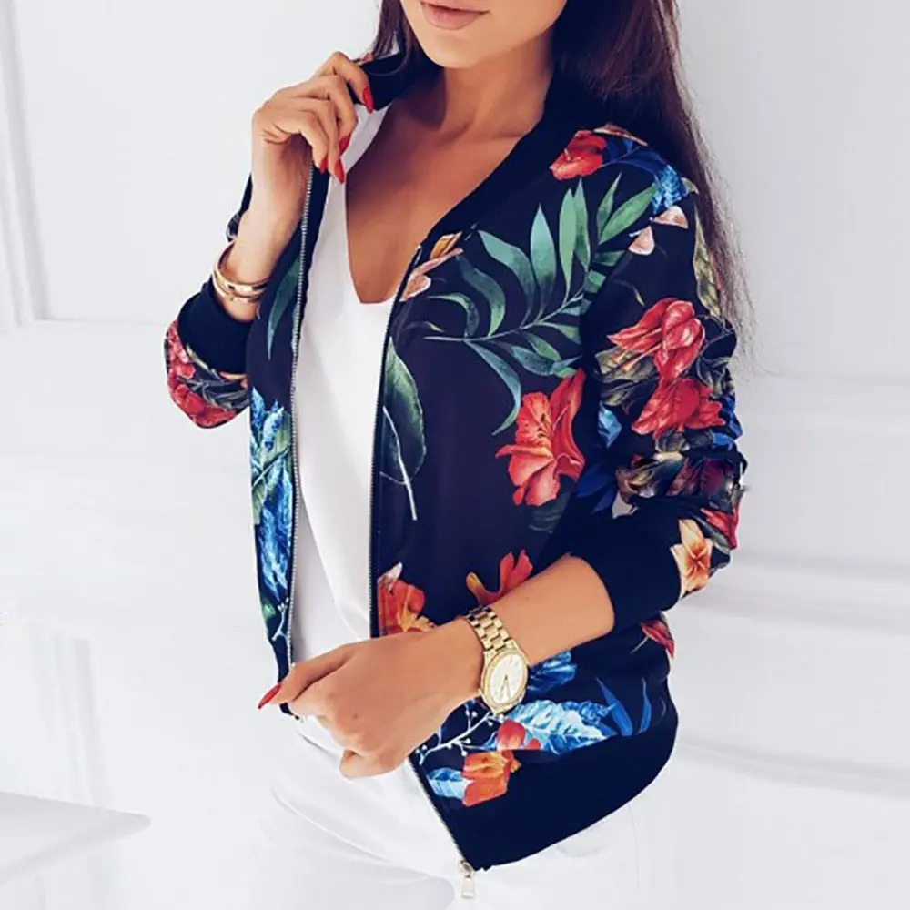 New Ladies Ribbed Trim Flower Print Bomber Jacket Women Autumn Printing Long Sleeve Casual Tops Zipper Jacket Outwear Loose Tops 1