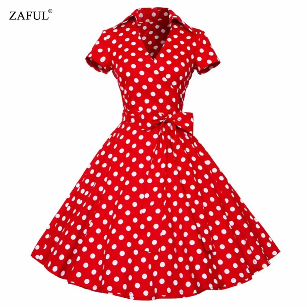 Zaful Plus Size S-4Xl Women Retro Dress 50S 60S Vintage Rockabilly Swing Feminino Vestidos V Neck Short Sleeves Dot Print Dress 1