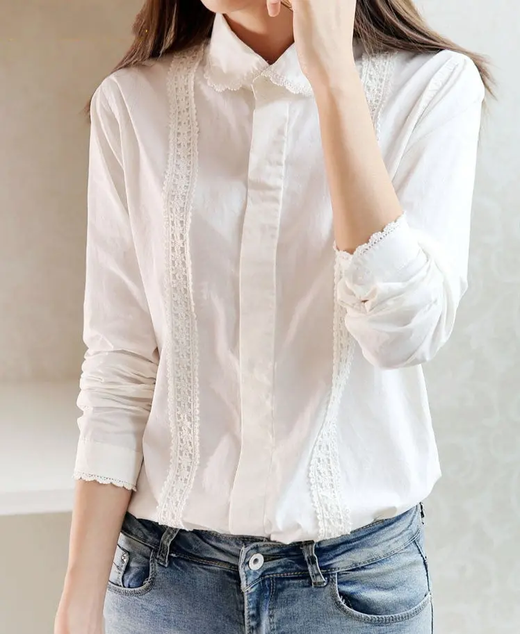 Preppy White Blouse Collection 13 Pattern Women Cotton Lace Crochet Peter Pan Collar Long Sleeve Top Shirt Plus Size S-4Xl T5437 1