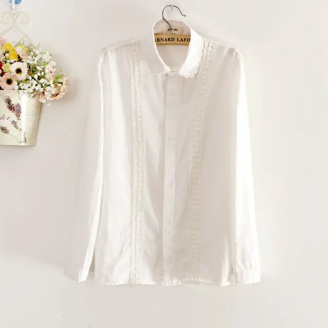 Preppy White Blouse Collection 13 Pattern Women Cotton Lace Crochet Peter Pan Collar Long Sleeve Top Shirt Plus Size S-4Xl T5437 4