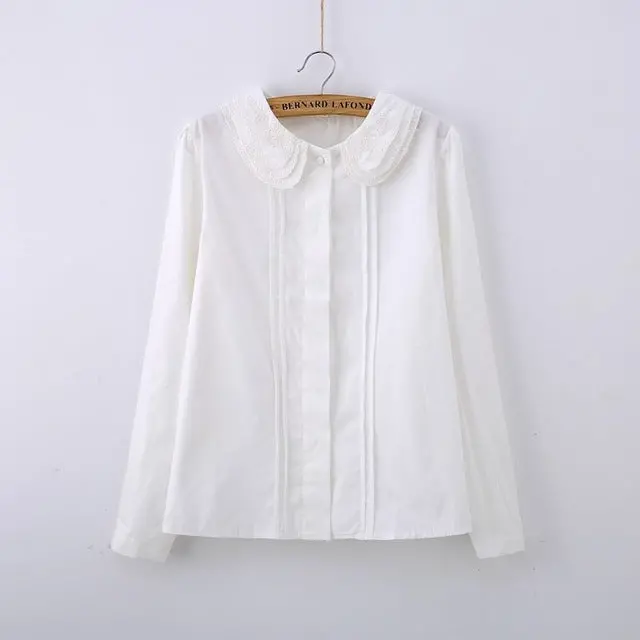 Elegant White Preppy Blouse for Women – Cotton Lace with Peter Pan Collar, Long Sleeves, Available in Sizes S to 4XL - Image 10