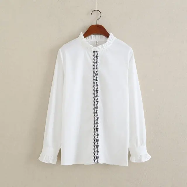 Preppy White Blouse Collection 13 Pattern Women Cotton Lace Crochet Peter Pan Collar Long Sleeve Top Shirt Plus Size S-4Xl T5437 8