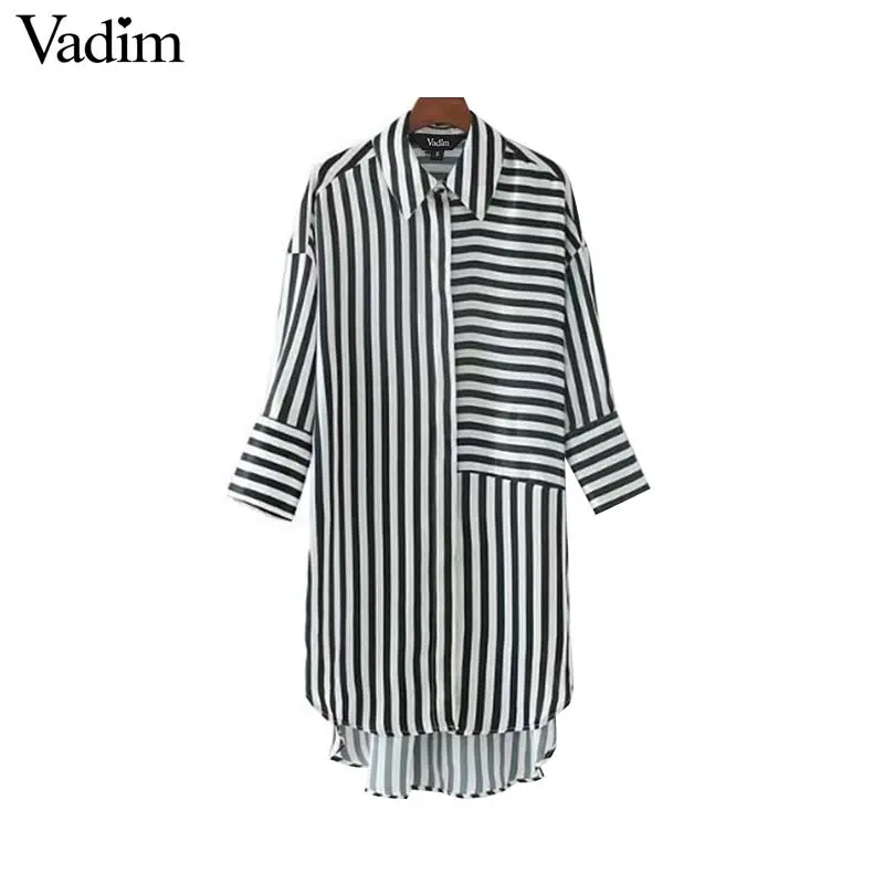 Vadim Chic Casual Striped Loose Long Shirts Three Quarter Sleeve Turn Down Collar High Street Blouse Female Oversized Tops 1