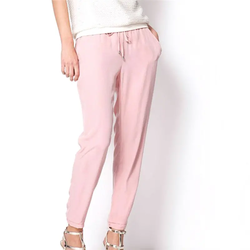 2017 Hot Sale Casual Women Chiffon Pants Elastic Waist Solid Color Office Ol Pants Bright Color Summer Slim Lady Pants 1