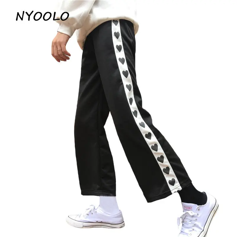 Nyoolo Autumn Winter Preppy Style Love Printed Patchwork Elastic Waist Casual Straight Pants Women/Men 1