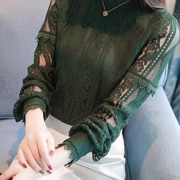 2017 New Arrival Women Tops Fashion Green Lace Blouse Autumn Long Sleeve Plus Size Shirts Hollow Out Renda Blusas Femininas 1