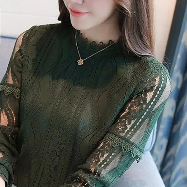 Stylish long-sleeve green lace blouse for women—featuring delicate hollow-out detailing, perfect for autumn. Available in plus sizes. - Image 3