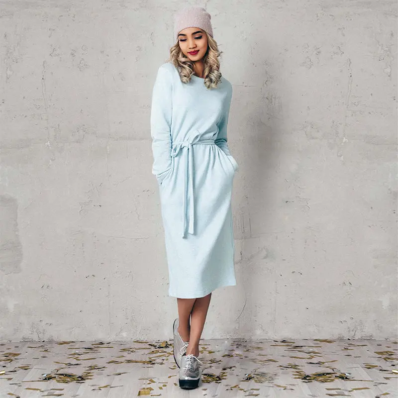 Light Blue Sashes Women Dress Winter 2017 New Solid Long Sleeve Mid-Calf Straight Dresses O-Neck Casual Vestidos Preppy Style 1