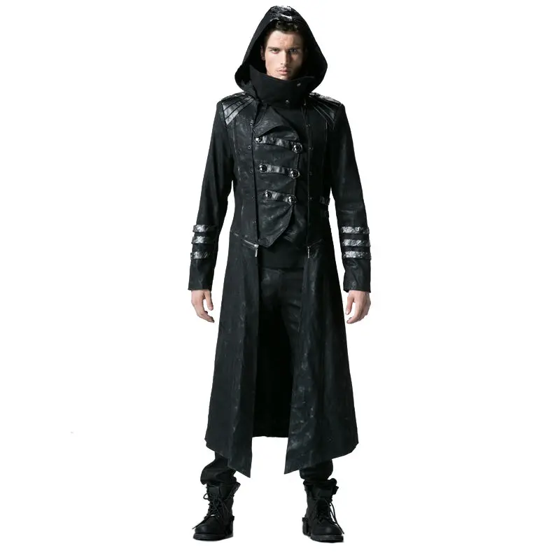 Gothic Black Winter Men's Long Coat Steampunk Twill High Collar Jackets Punk Leather Coats Overcoats With Detachable Hem And Hat 1
