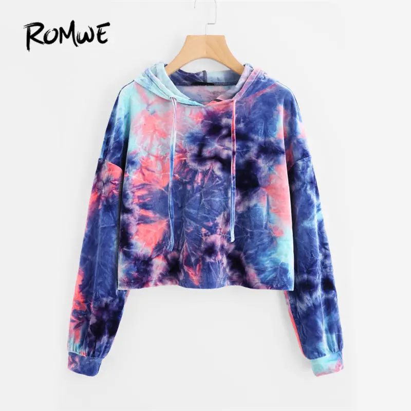 Romwe Tie Dye Velvet Crop Hoodies 2017 Multicolor Long Sleeve Women Boho Hooded Sweatshirt Spring Fall New Funny Casual Hoodies 1