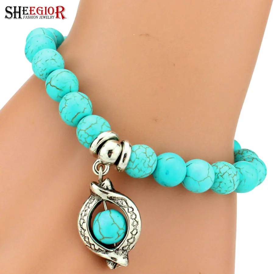 Sheegior Boho Vintage Turquoises Bracelets For Women Men Cross Tree Snake Owl Hand Pendant Charm Bracelet Bangle Fashion Jewelry 1