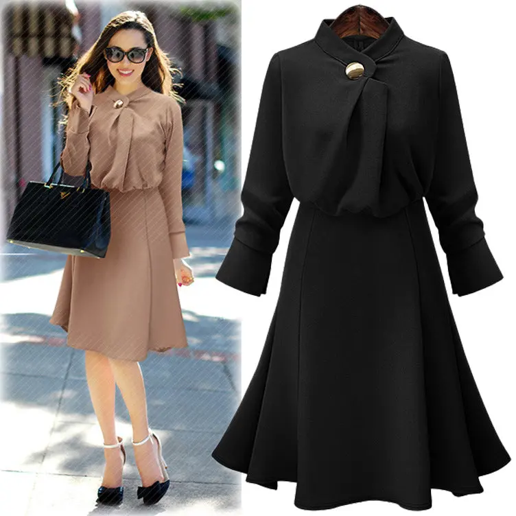 2017 Autumn New Simple Solid Color Defined Waist Dress Long-Sleeved Chiffon A-Line Dress Axd2047 1