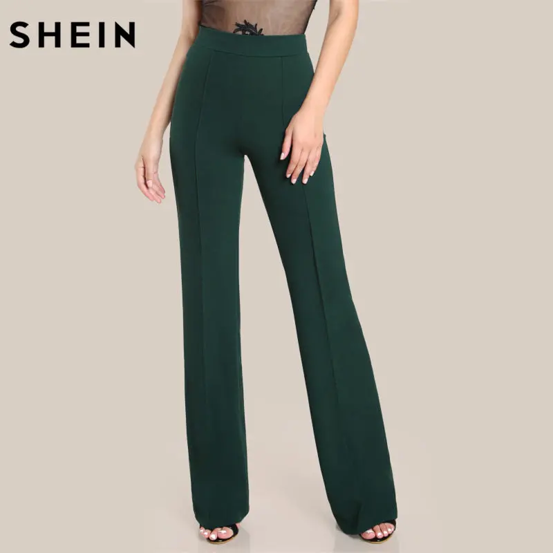 Shein High Rise Piped Dress Pants Army Green Elegant Pants Women Work Wear High Waist Zipper Fly Boot Cut Trousers 1