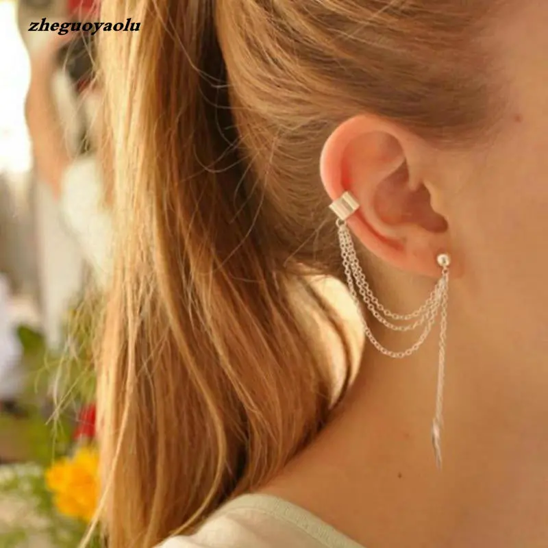 1Piece Punk Rock Style Woman Young Gift Leaf Chain Tassel Earrings, Metallic Gold And Silver Jewelry Earrings Ear Clip Wholesale 1