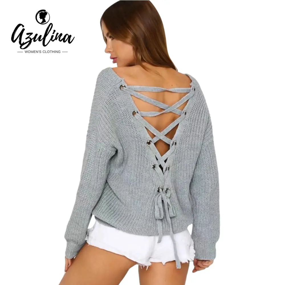 Azulina Boho V Neck Back Lace Up Pullover Sweater Women Mustard Long Sleeve Casual Jumper Fall 2017 Fashion Sexy Loose Sweater 1